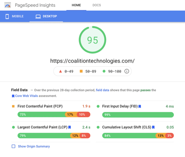 Sample Google Pagespeed results
