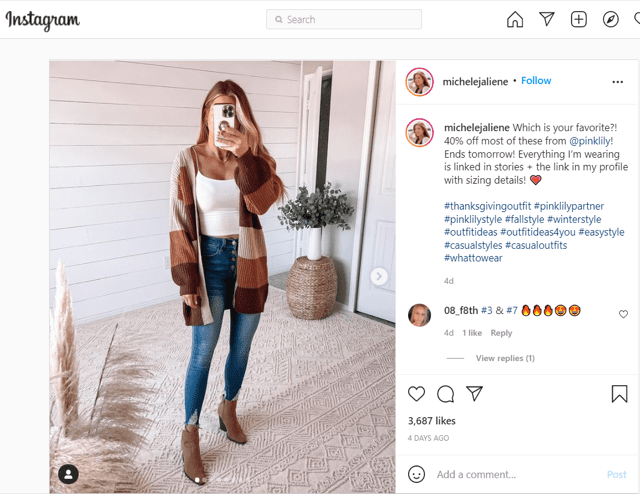 Influencer posts on Instagram for clothing brand Pink Lily