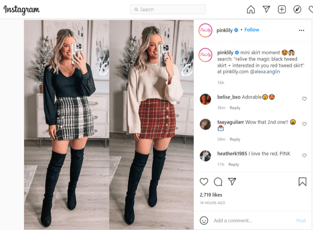 User-generated content spotlighted on Instagram for clothing brand Pink Lily