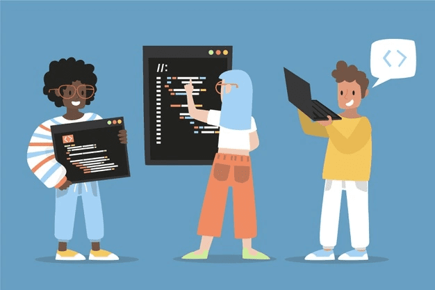 Three persons in cartoon form coding