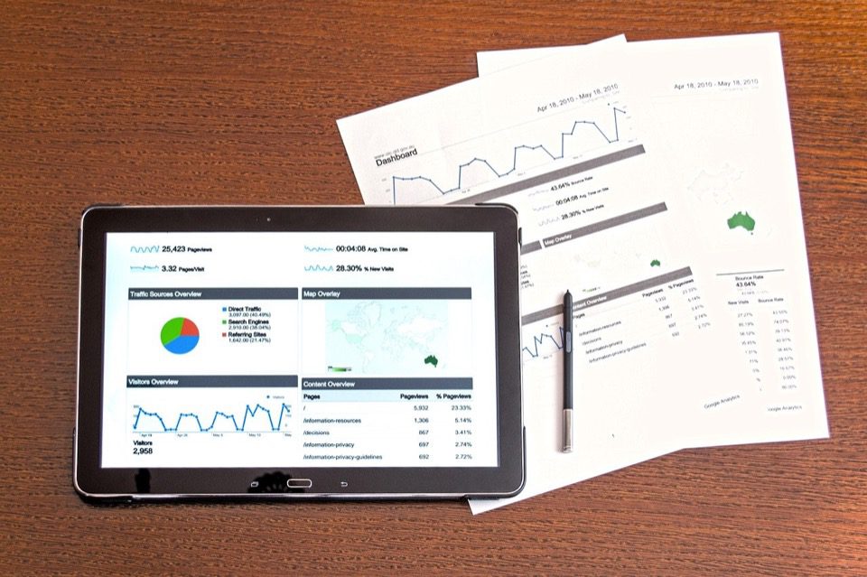 Papers and tablet on table showing business growth analytics