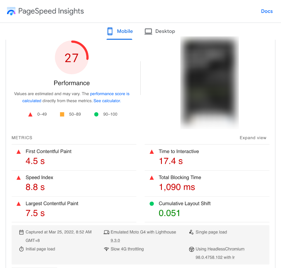 Screenshot of Google Page Speed Insights results with poor mobile performance