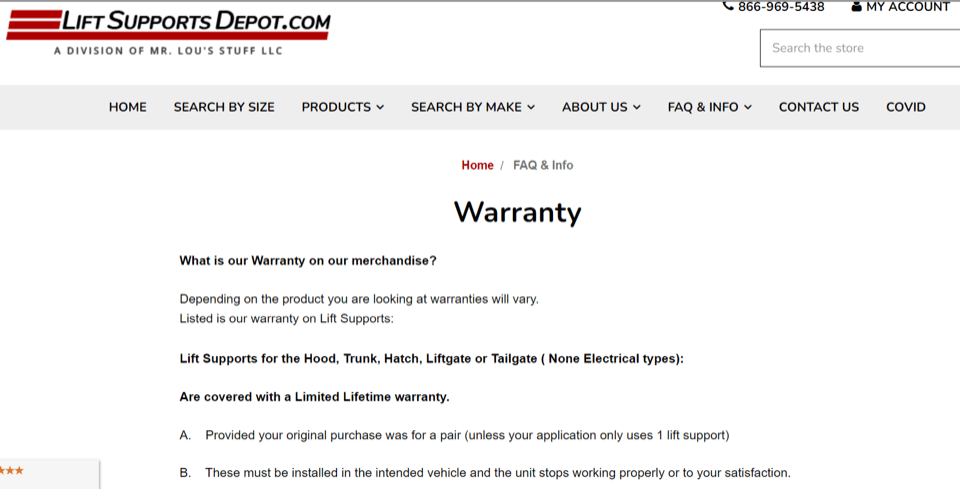 a warranty page on an auto parts ecommerce store