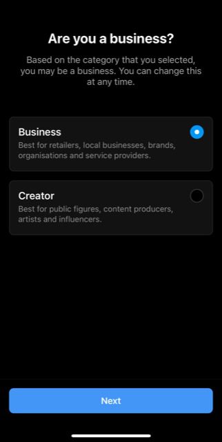 an Instagram menu to choose between creator and business profiles