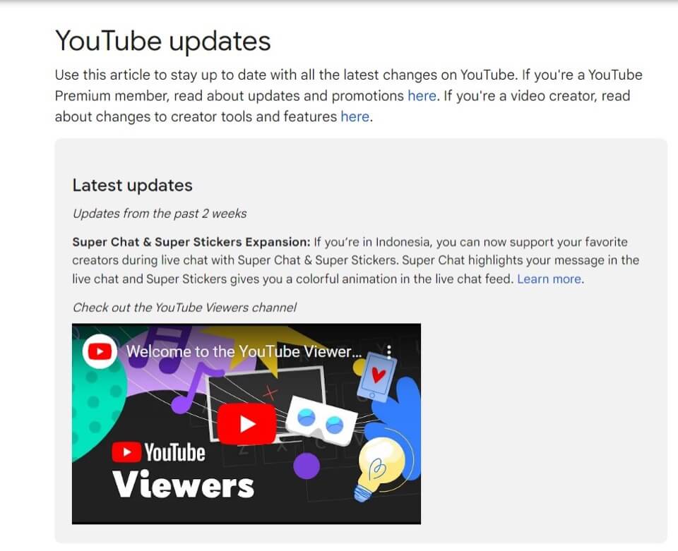 YouTube’s update history page for website redesign