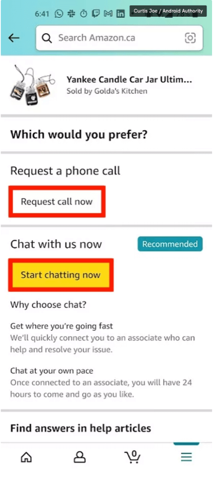 A mobile app showing an option to contact customer service